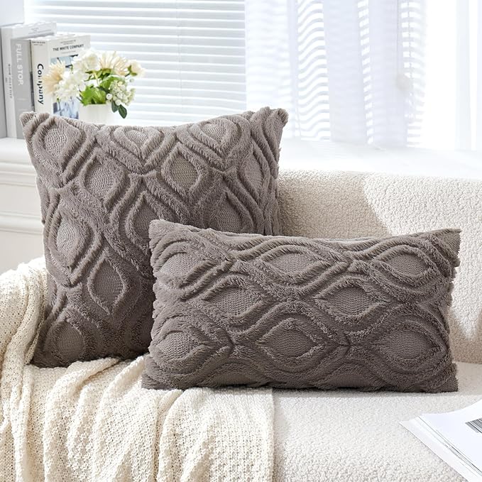 MIULEE Dark Grey Throw Pillow Covers 12x20 Inch, Soft Winter Plush Faux Wool - Image 2