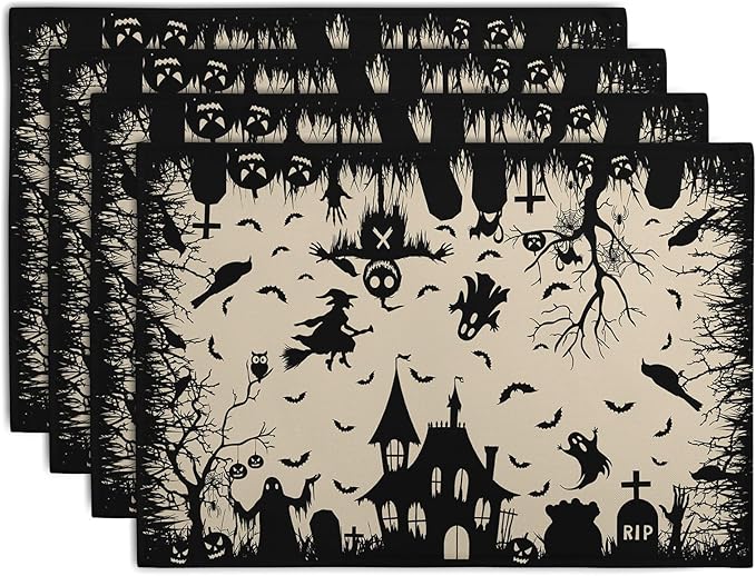 Halloween Placemats 12x18 Inch Set of 4 Black White Witch Castle Ghost Place by Wnoesat