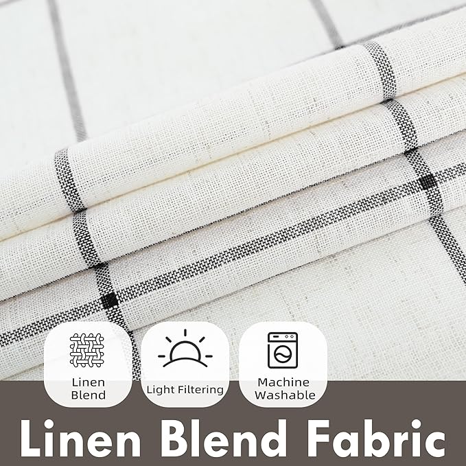 DriftAway Kitchen Curtains Striped Tier Linen Short Curtains Windowpane Plaid - Image 2