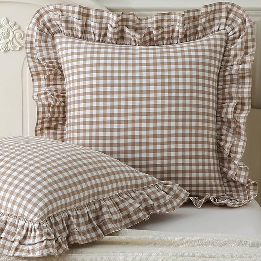 Aryeleay 2 Pack Taupe White Plaid Ruffle Throw Pillow Covers, 100% Cotton by Aryeleay