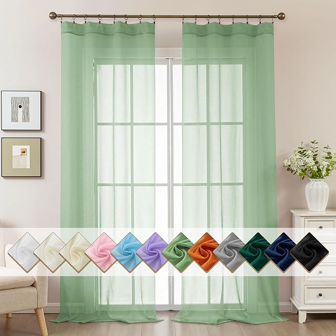 Sage Green Sheer Curtains 96 Inches Long, Privacy Semi Sheer Curtains by ABLUEN