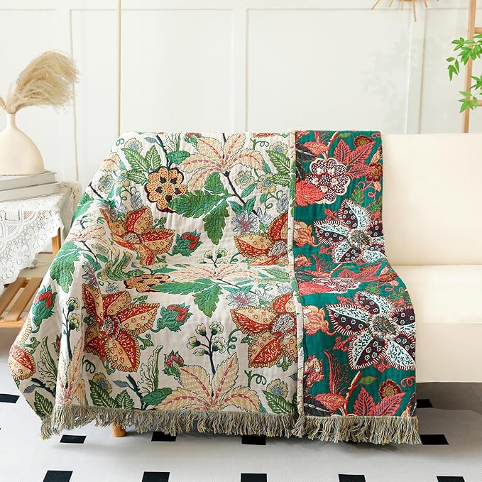 MSGKV Boho Throw Blanket for Couch Chair 100% Cotton Embroidery Floral Blanket - Image 6