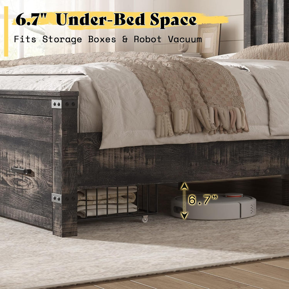 AMERLIFE Full Bed Frame with 54" Headboard & Storage, Black Oak