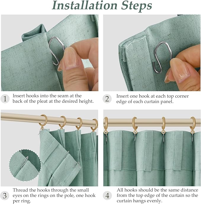 Aqua Green Pinch Pleated Linen Curtains 108 Inch Length 2 Panels - Image 8