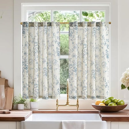 jinchan Linen Floral Tier Curtains 36 Inch Farmhouse Botanic Cafe Curtains by JINCHAN