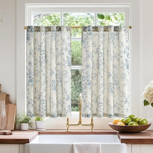 jinchan Linen Floral Tier Curtains 36 Inch Farmhouse Botanic Cafe Curtains by JINCHAN