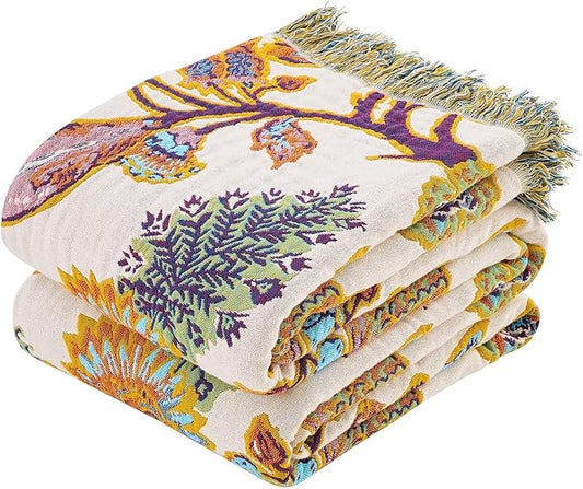 Boho Throw Blanket for Bed, 100% Cotton Soft Rustic Quilt Fall Blanket by XIBLC