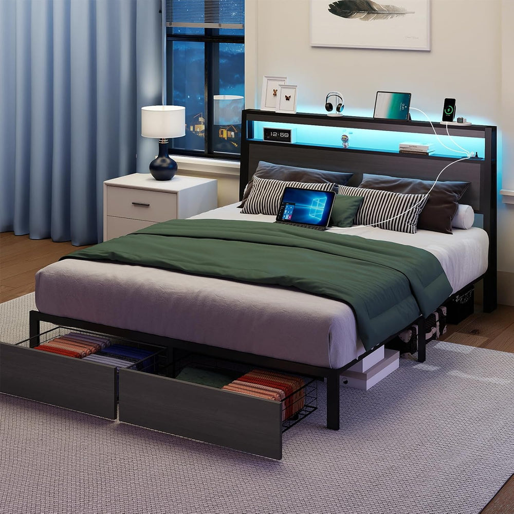 Queen Bed Frame with 2 Storage Drawers, Queen Size Bed Frame, Rustic Grey