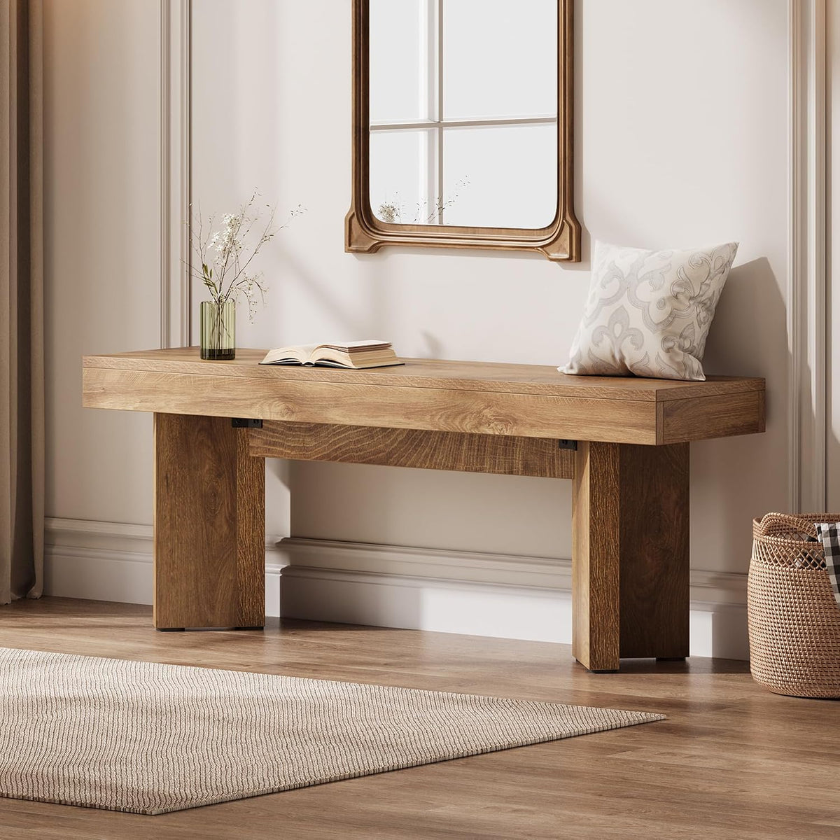 tribesigns 47" wooden entryway bench, farmhouse indoor end, front angle view
