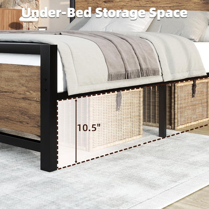 catrimown full bed frame with headboard, under-bed storage, side view