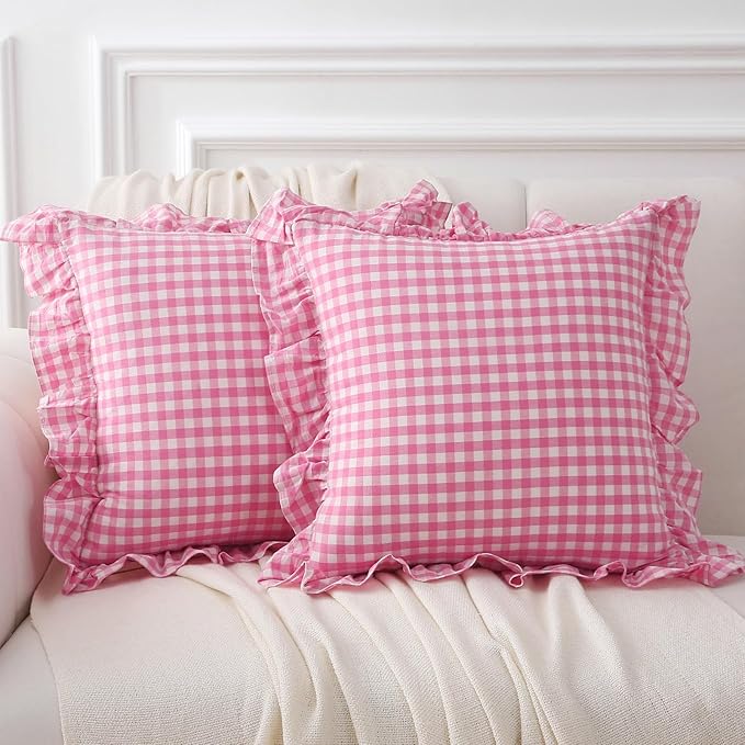 2 Pack Pink White Plaid Ruffle Gingham Throw Pillow Covers, 100% Washed Cotton by KMASANIJI