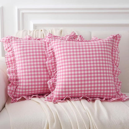 2 Pack Pink White Plaid Ruffle Gingham Throw Pillow Covers, 100% Washed Cotton by KMASANIJI