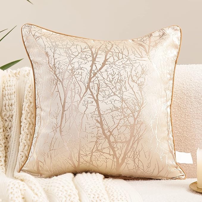 Avigers 18 x 18 Inch Square Beige Brown Gold Tree Branch Embroidery Cushion by Avigers
