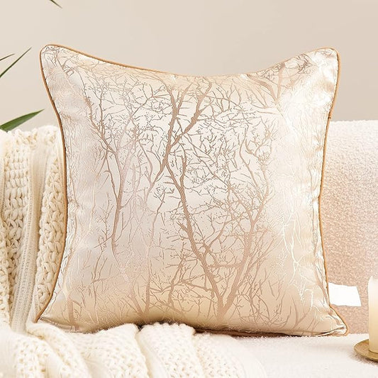 Avigers 18 x 18 Inch Square Beige Brown Gold Tree Branch Embroidery Cushion by Avigers
