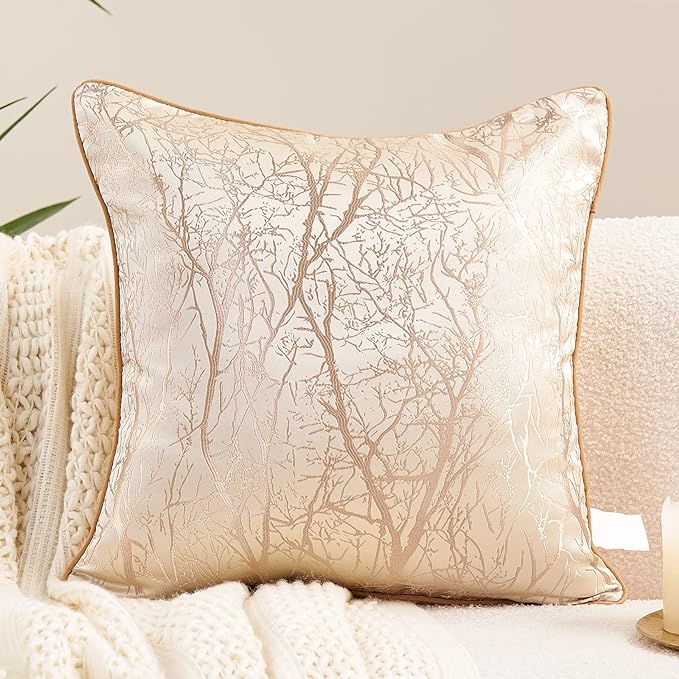 Avigers 20 x 20 Inch Square Beige Brown Gold Tree Branch Embroidery Cushion by Avigers