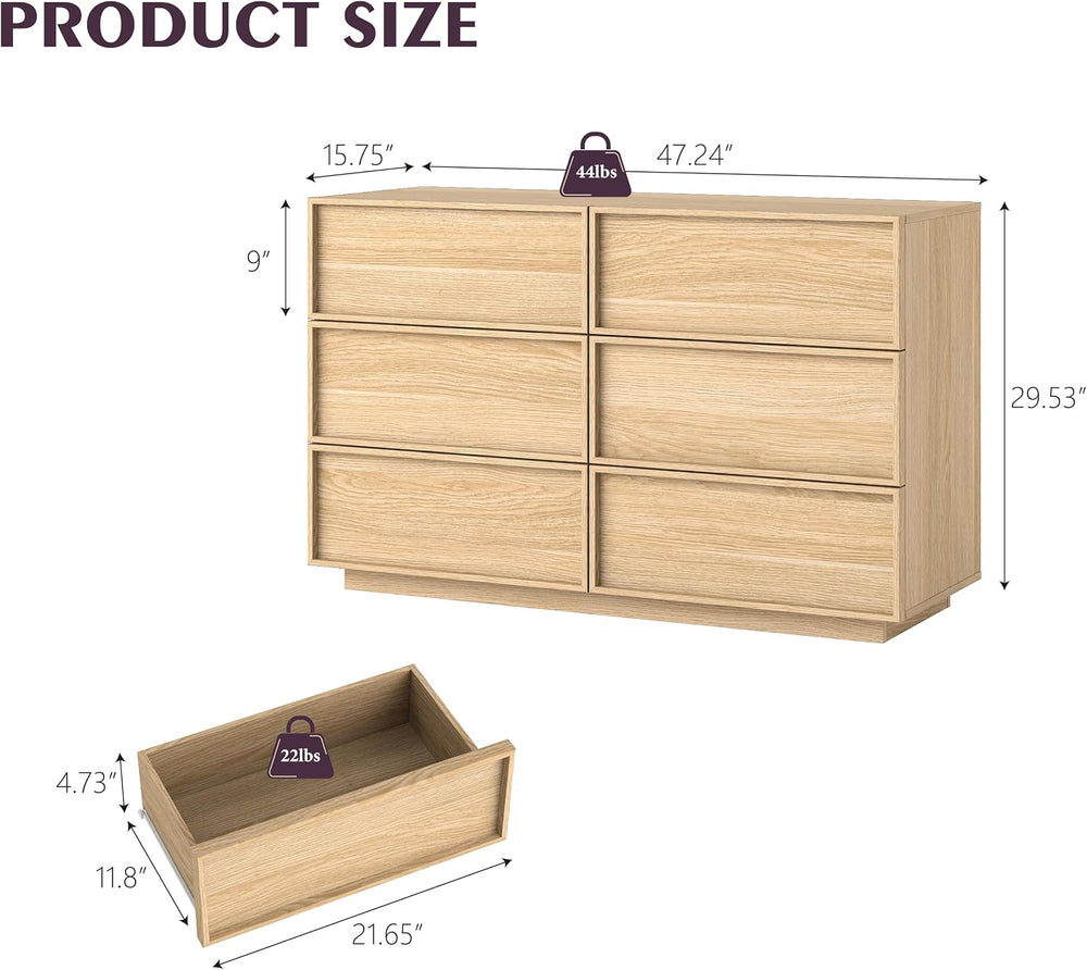6-Drawer Dresser for Bedroom, 47.2" Wide, Wooden, Light Oak