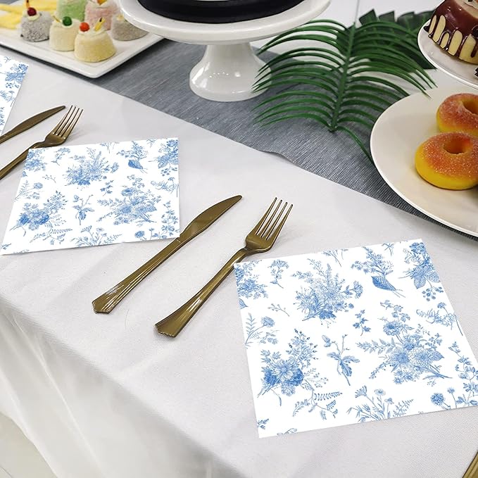 100 Pack Blue Floral Cocktail Napkins Blue and White Floral Toile Paper Napkins - Image 2