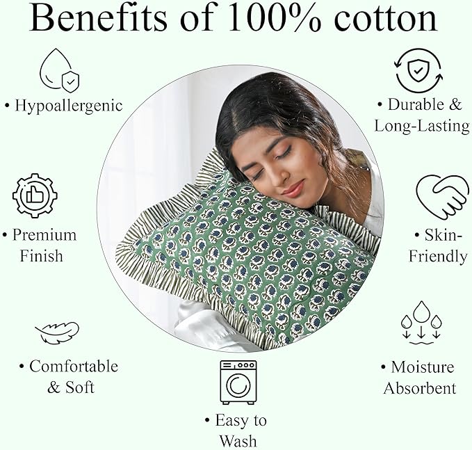 Ridhi Basil Green 100% Cotton Block Print Ruffle Lumbar Sham Cover Handmade - Image 8