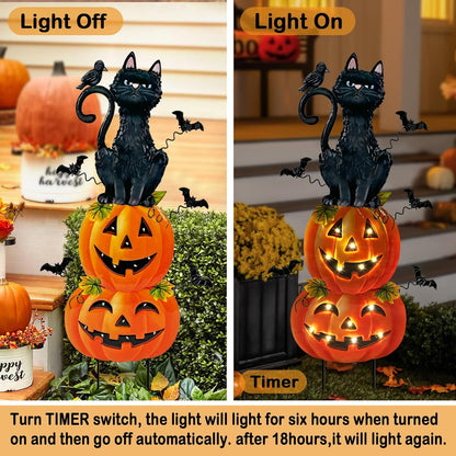 Outdoor Halloween Decorations,Metal Black Cat & Jack'O Lighted Timer Stakes