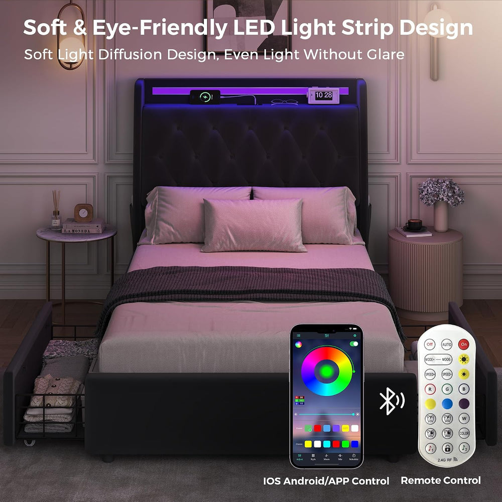 Twin LED Velvet Bed Frame with 2 Storage Drawers&Hidden Headboard, Uphols...