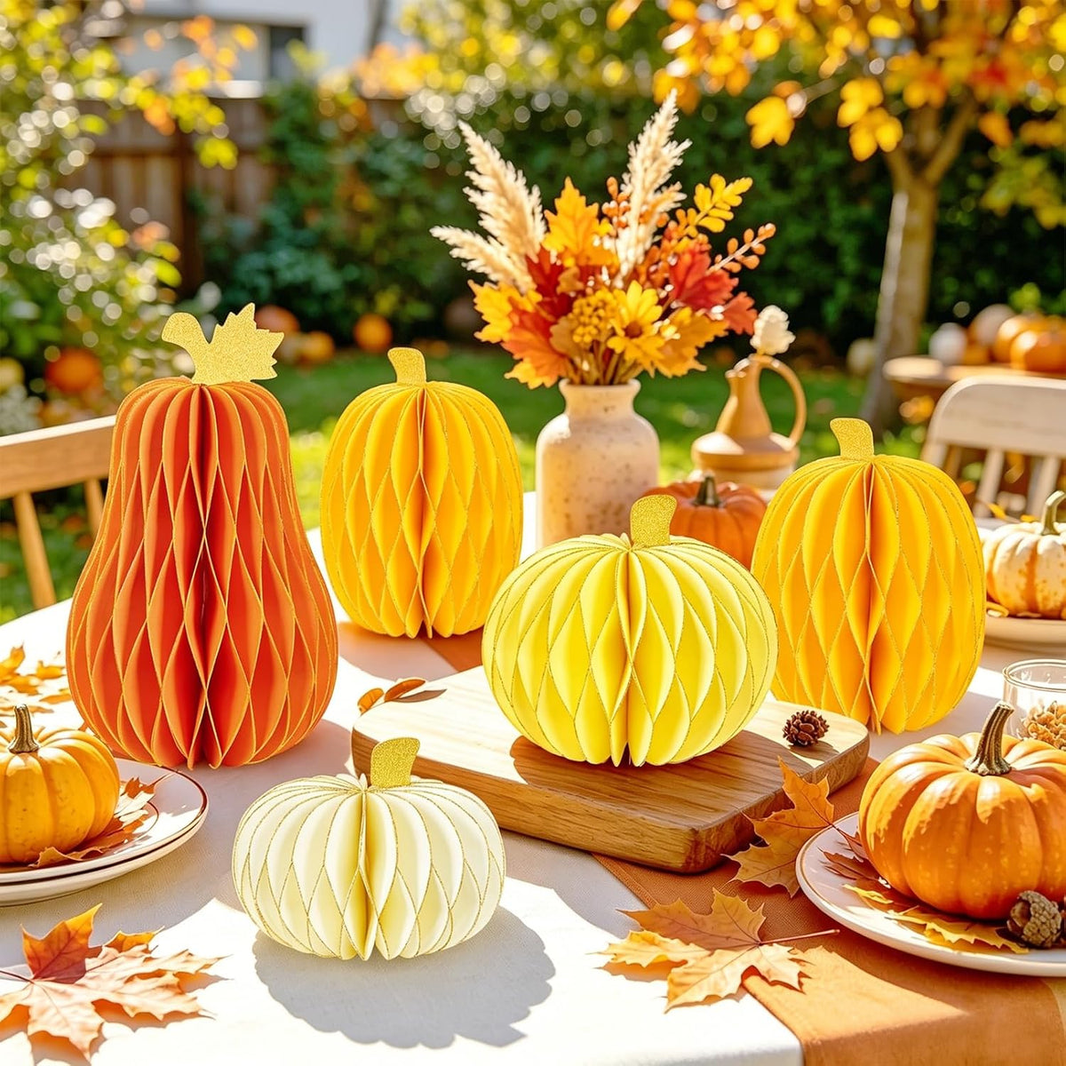 SUBEAUTY 8 PCS Pumpkin Honeycomb Centerpieces Fall Pumpkin Party Decoration Thanksgiving Centerpieces for Tables Orange Honeycomb Decorations for Halloween Autumn Festival Party Decor