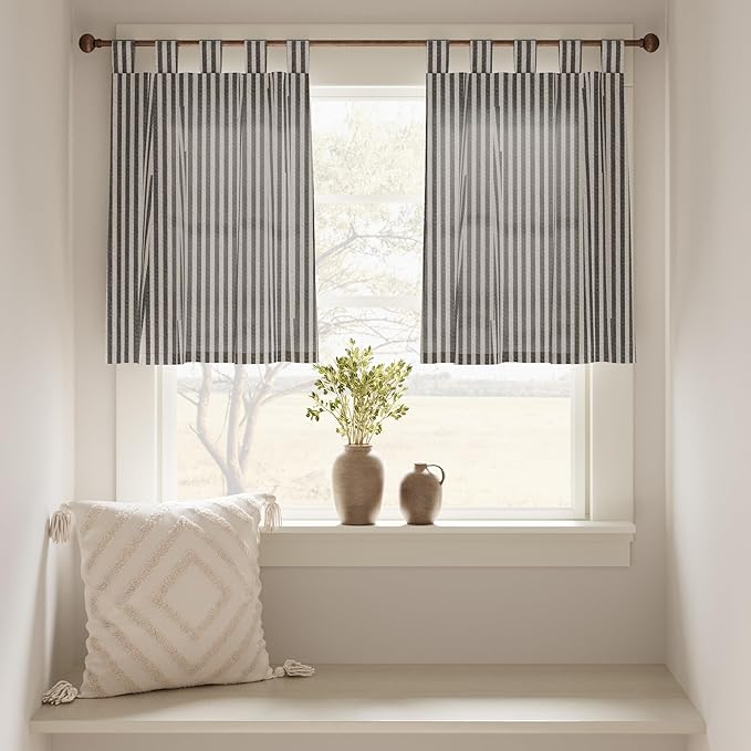 JINCHAN Tab Top Linen Kitchen Curtains 24 Inch Striped Tier Curtains Farmhouse - Image 3