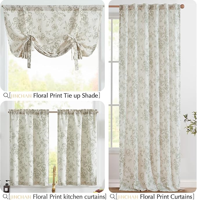 JINCHAN Floral Linen Tier Curtains Floral Sage on Beige Cafe Curtains 36 Inch - Image 8