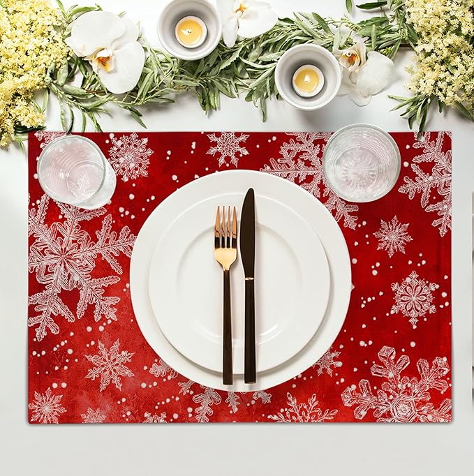 Red Snowflake Xmas Placemats Set of 4 Merry Christmas Snowflakes Linen Fabric - Image 3