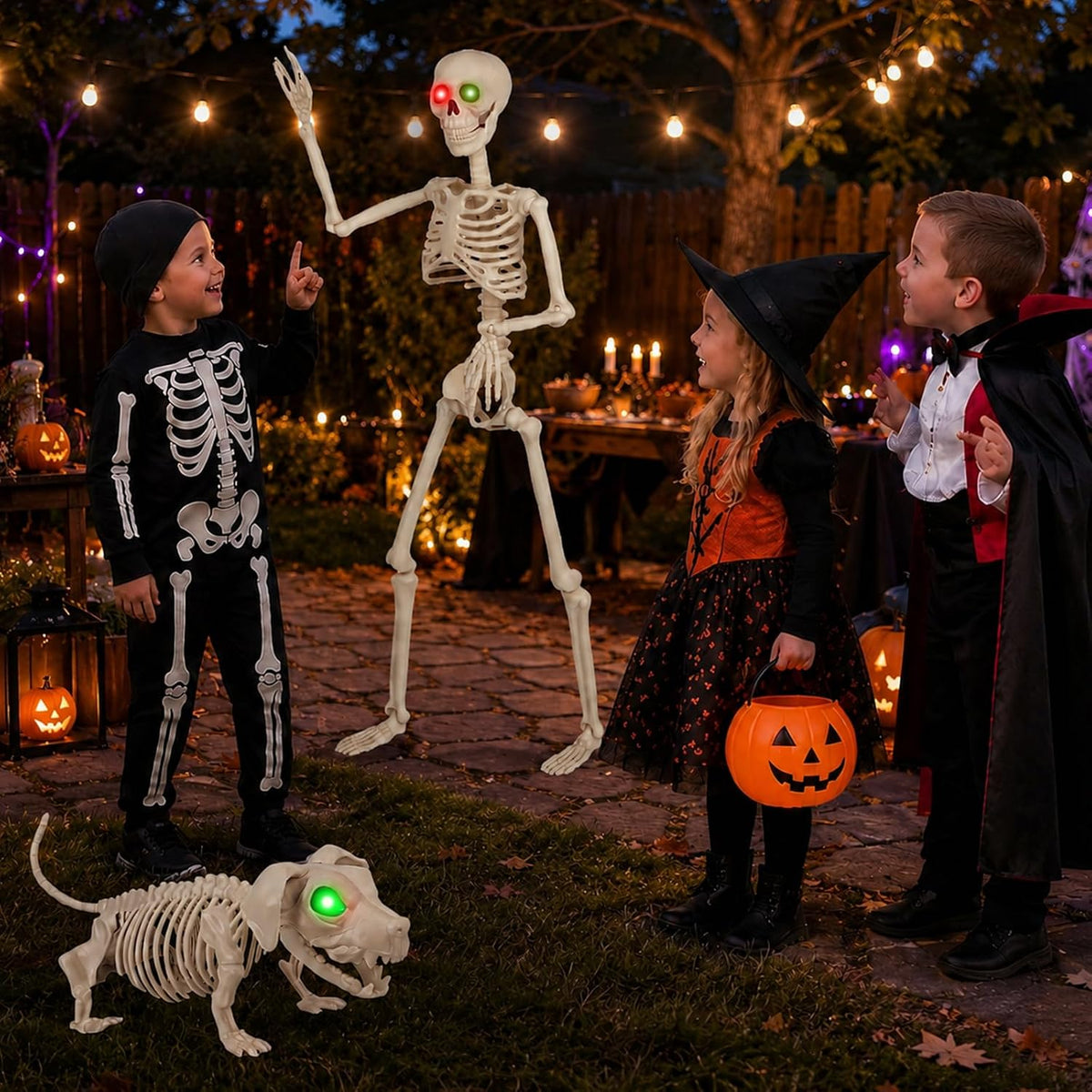 36'' Halloween Skeleton Decoration with Dog: Posable Skeleton Glowing Eyes