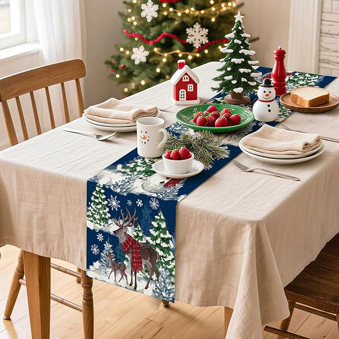 Artscope Reindeer Snowman Christmas Tree Table Runner, Xmas Winter Snowflakes - Image 3
