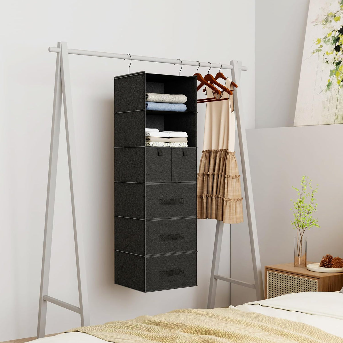 6-shelf hanging closet organizer with 5 drawers, non-woven, close-up detail