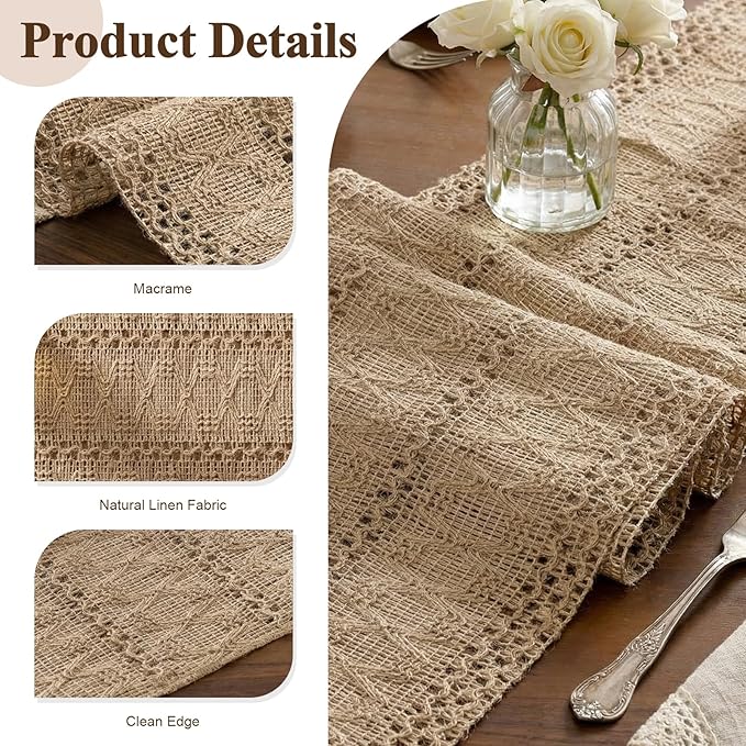 Burlap Boho Table Runner Farmhouse Rustic Jute Macrame Woven Dining Table Runner - Image 2