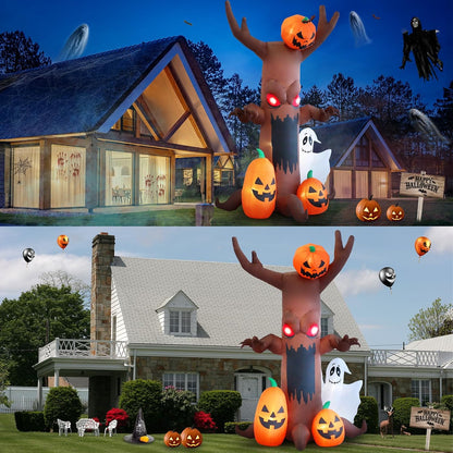 9ft Pumpkin Ghost Tree Halloween Inflatable Outdoor Decoration, Courtyard Decoration with LED Lights, for Outdoor Lawn, Garden, Family Vacation Party