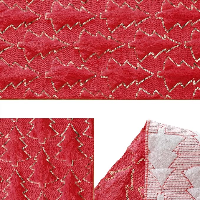 Christmas Trees Red Soft Plush Faux Fur Jacquard Gold Sequin Glitter Christmas - Image 5