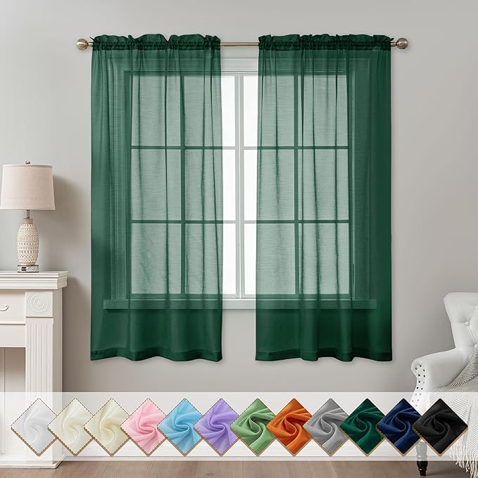 Green Sheer Curtains 63 Inch Length, Privacy Semi Sheer Curtains by ABLUEN