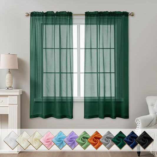 Green Sheer Curtains 63 Inch Length, Privacy Semi Sheer Curtains by ABLUEN