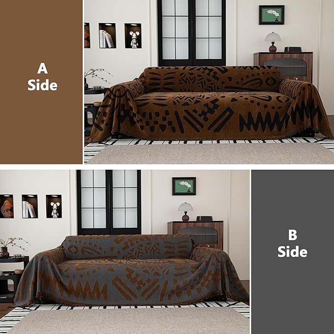 MEETSKY Boho Couch Cover Sofa Covers, Chenille Geometric Dark Brown Couch Covers - Image 2
