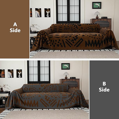 MEETSKY Boho Couch Cover Sofa Covers, Chenille Geometric Dark Brown Couch Covers - Image 2