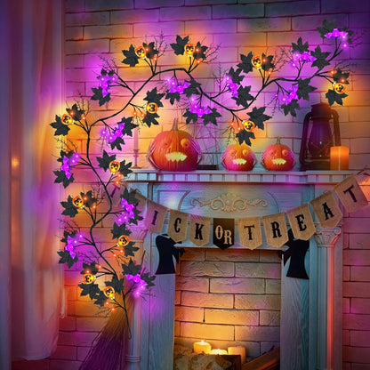 9FT 72 LED Halloween Willow Vine Twig Decor Black Halloween Garland with Pumpkin Bat Orange & Purple Light, 8 Modes Waterproof Battery Operated Halloween Lights Indoor Halloween Decorations Wall Table