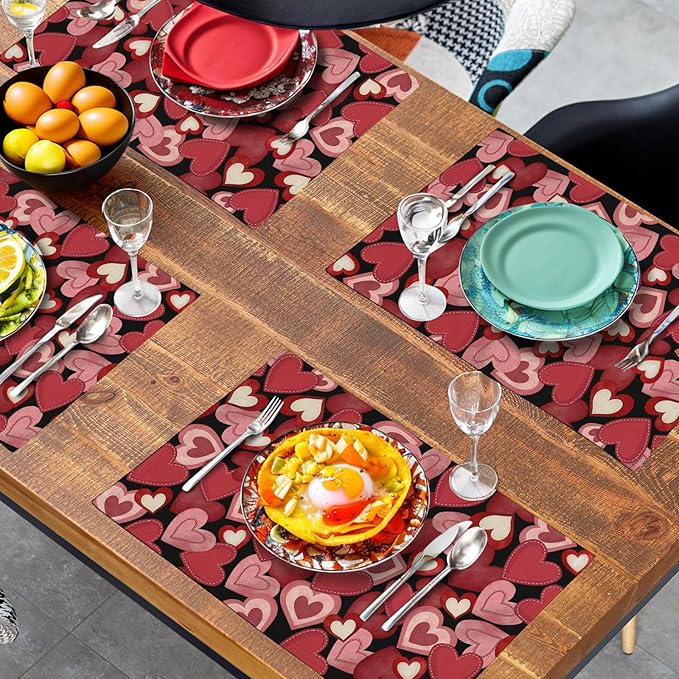 Valentines Day Love Hearts Placemats Set of 4 Valentine Red Black Heart Linen - Image 7