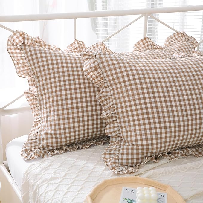 2 Pack Taupe White Plaid Ruffle Gingham King Size Pillow Shams, 100% Yarn-Dyed - Image 8
