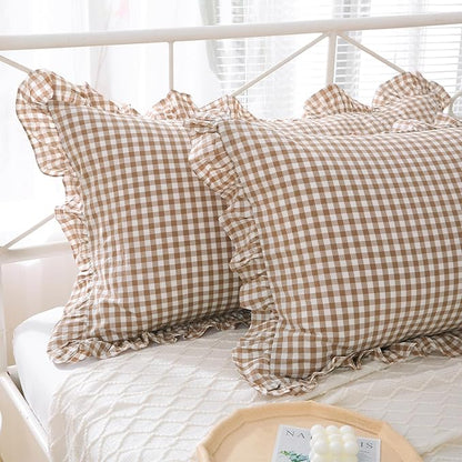 2 Pack Taupe White Plaid Ruffle Gingham King Size Pillow Shams, 100% Yarn-Dyed - Image 8