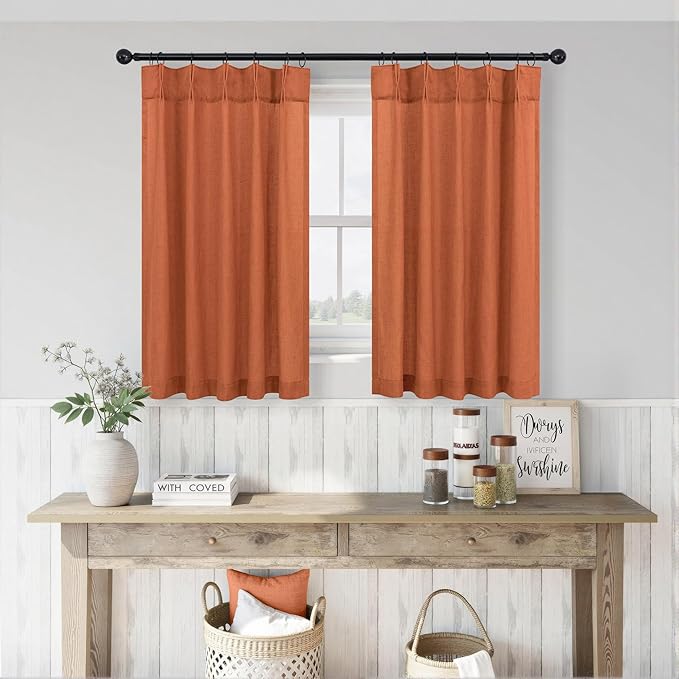 2 Tier Fall Kitchen Curtain 36 Inch Length Pinch Pleated Linen Light Filtering - Image 2