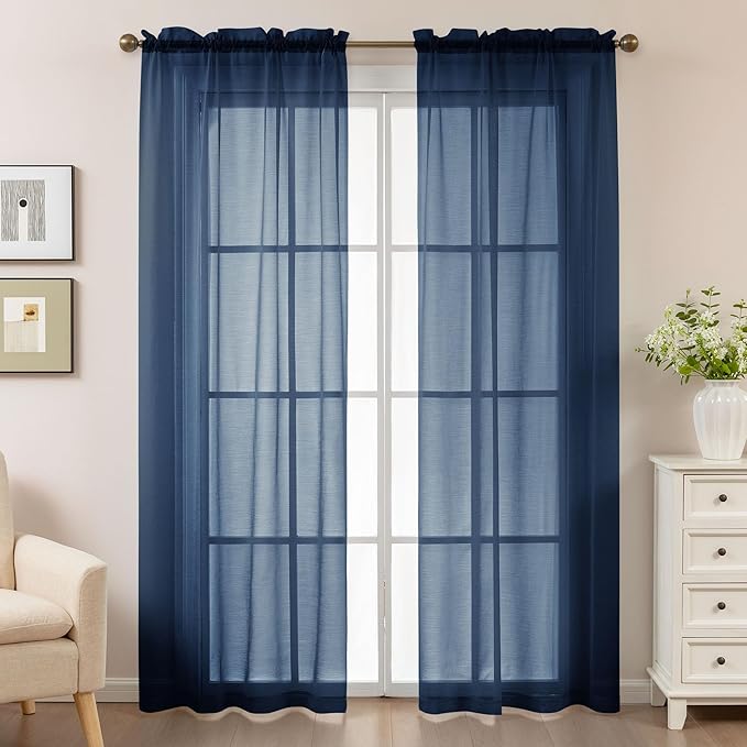 Navy Blue Sheer Curtains 84 Inches Long, Privacy Semi Sheer Curtains - Image 2