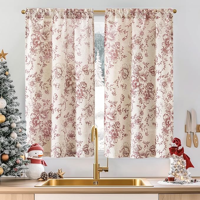 jinchan Floral Linen Tier Curtains 45 Inch Farmhouse Botanic Christmas by JINCHAN