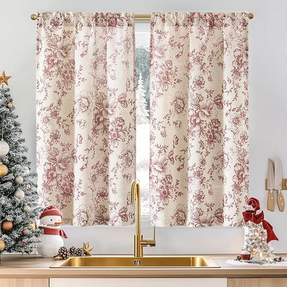 jinchan Floral Linen Tier Curtains 45 Inch Farmhouse Botanic Christmas by JINCHAN