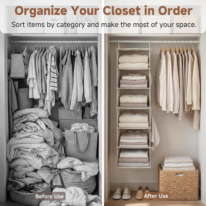 storageworks hanging closet organizer, 6-shelf with 2-in-1 design showing dimensions