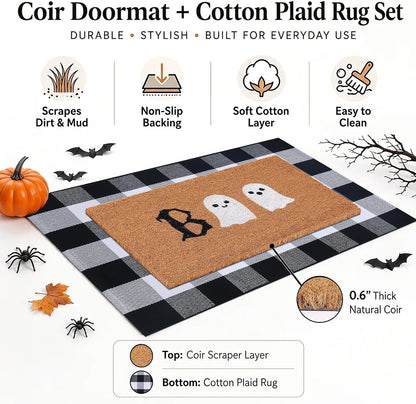 Halloween Door Mat Combo Set, Boo Ghost Coco Coir Welcome Doormat + 28" x 43" Black and White Plaid Rug, Autumn Halloween Front Porch Entryway Decor Floor Mat