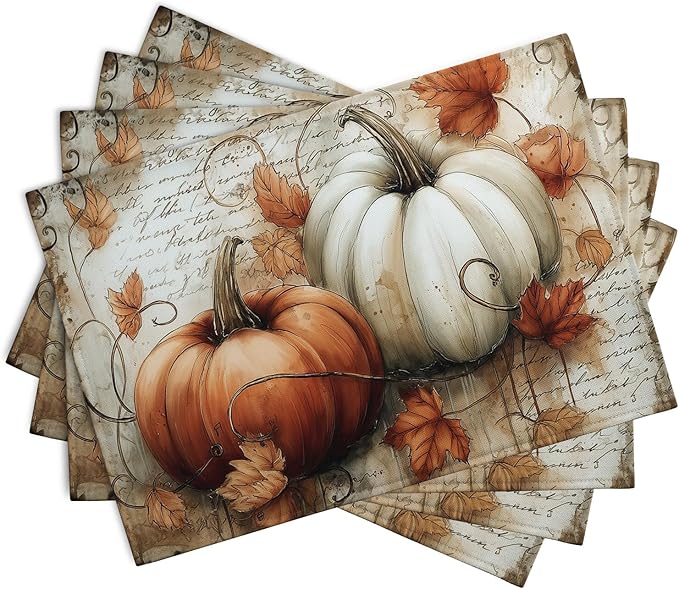 Fall Vintage Pumpkin Leaves Placemats Set of 4 Autumn Thanksgiving Harvest - Image 2