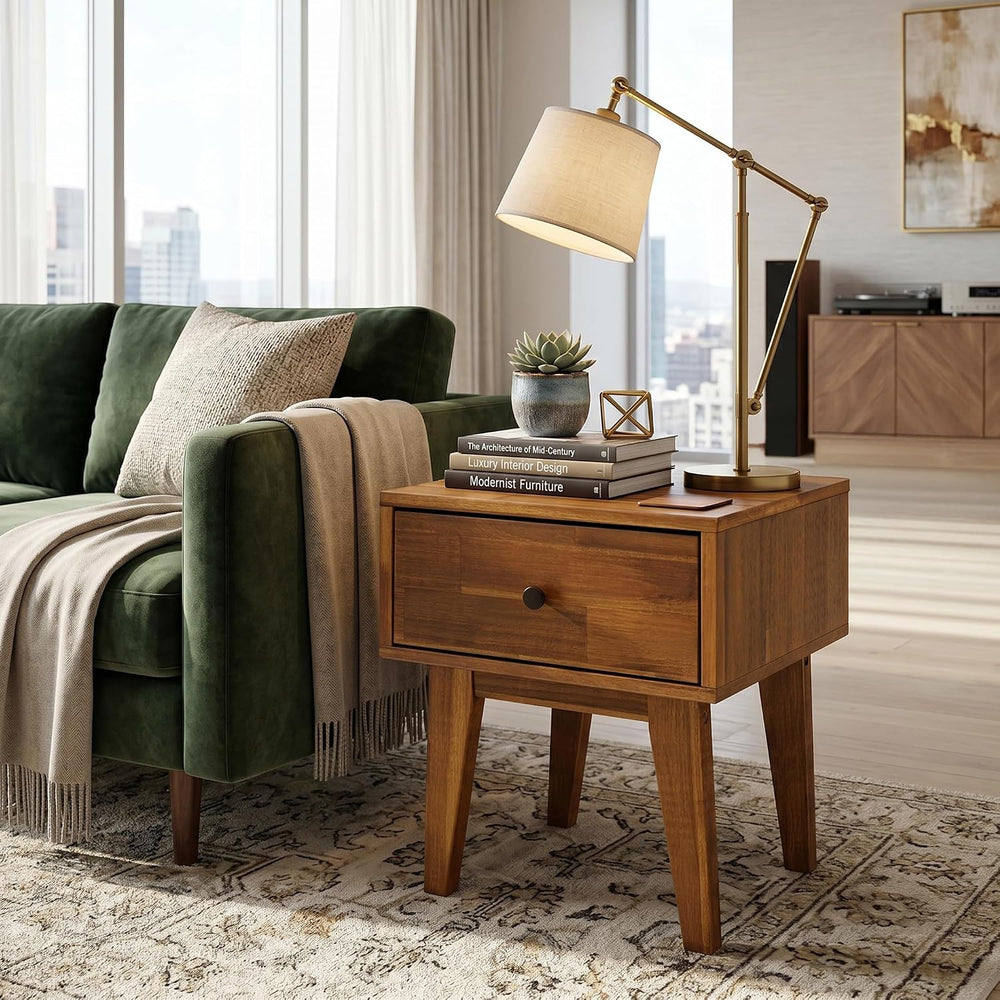 Acacia Sofia Nightstand with Drawer, Bedside Table, Solid Wood Bedside End Ta...